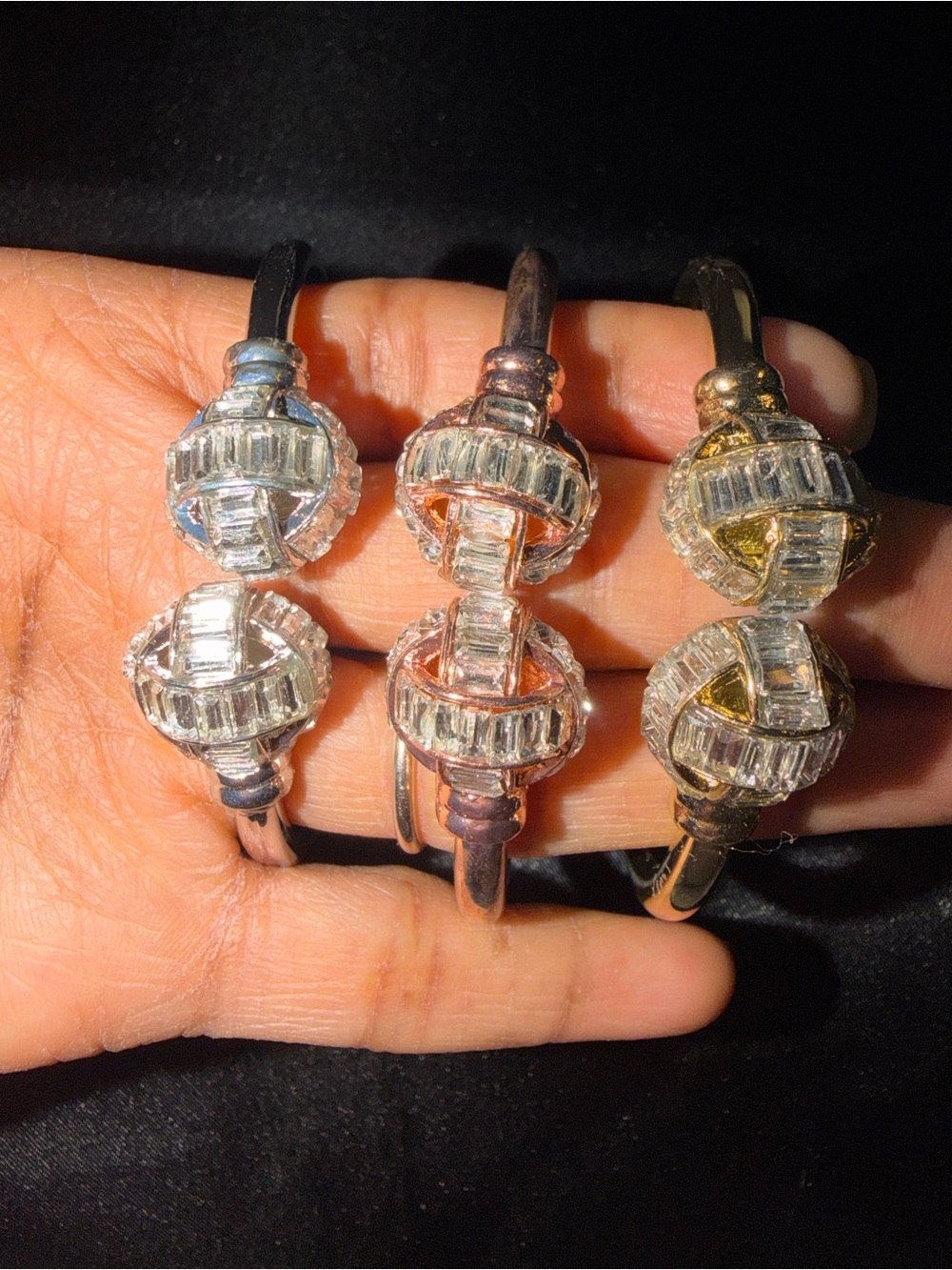 3 Crystal Knot Cuff Bracelets - Gold, Rose,Silver(resembles Henri Bendel design)